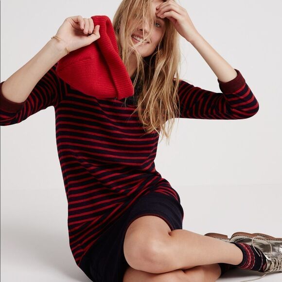 Madewell Dresses & Skirts - Madewell Mariner Stripe Midi Dress Nautical Sweater Navy Red wool